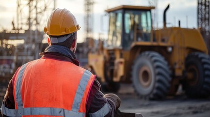 A construction worker operating heavy machinery, industrial site in the background