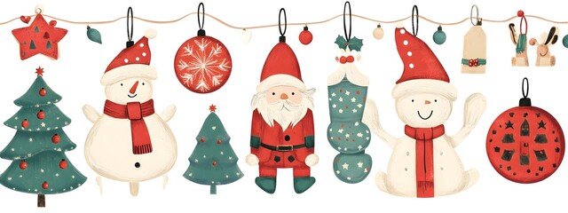 Christmas-themed decorations, a clip art set of cartoon illustrations with a white background, including a Christmas wreath and garland