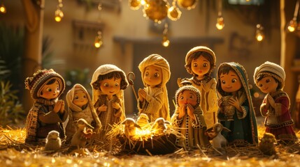 Nativity Scene with Diverse Characters in Traditional Cultural Clothing

