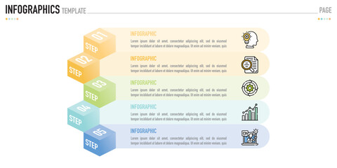 Infographic template or element with 5 step, process, option, colorful 3D square, rectangle, box layer, pyramid, funnel, icons on white background for sale slide, minimal modern simple style, origami