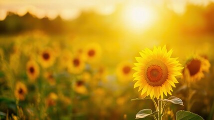 Obraz premium Close-up of sunflowers in a vast field, with the setting sun in the background, creating a warm golden light and a blurred grassy meadow