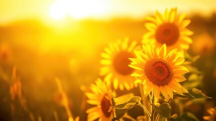 Close-up of sunflowers in a vast field, with the setting sun in the background, creating a warm golden light and a blurred grassy meadow © Seksan