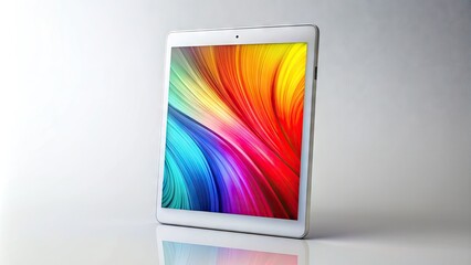 Naklejka premium A sleek, silver, vertical iPad displaying a vibrant, colorful abstract design on its screen, isolated on a clean, white, minimalist background.