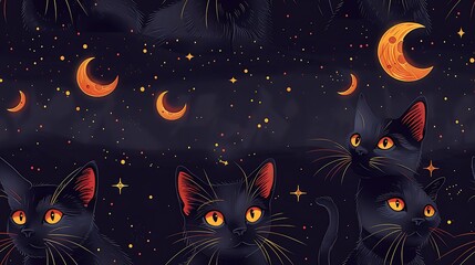 Fototapeta premium A seamless cartoon pattern featuring black cats with arched backs sitting on broomsticks, surrounded by glowing stars, crescent moons, and magical dust, set against a deep maroon background.