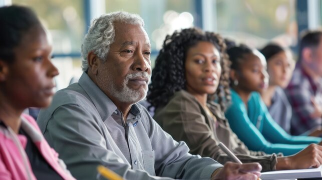 A diverse group of adult learners, each using their preferred learning style--visual, auditory, and kinesthetic