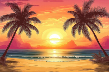 Obraz premium Sunset Beach Vector Illustration