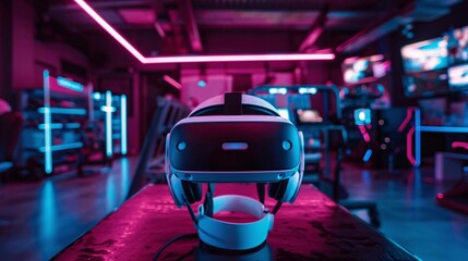 Obraz premium Virtual Reality Headset in Neon Lit Gaming Room