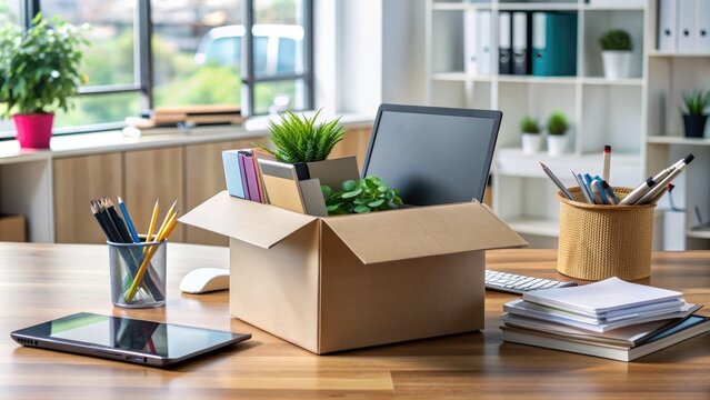 A small, open cardboard box overflowing with various office supplies and papers, with a laptop and tablet nearby, amidst a cluttered workspace.