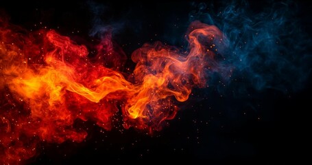 Fototapeta premium Intense firelight and swirling smoke against a deep black canvas, with bright flames creating visual impact