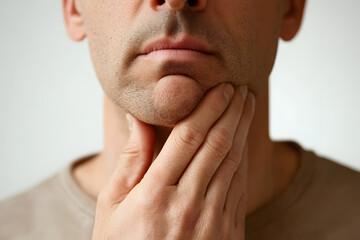 Obraz premium Close up Young man having sore throat and touching his neck