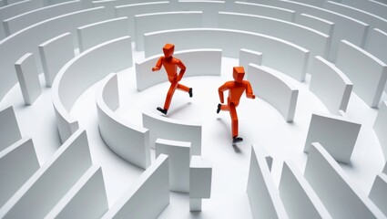 *Short Description:**Two orange, humanoid figures are navigating a white maze