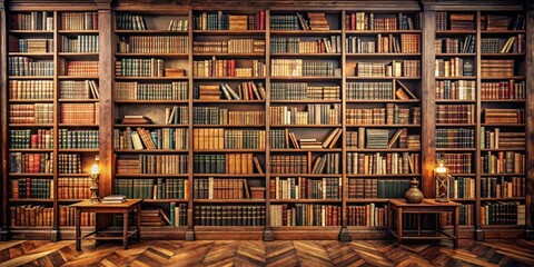A panoramic view of vintage books on wooden library shelves