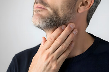 Obraz premium Close up Young man having sore throat and touching his neck