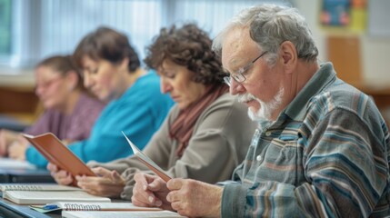Obraz premium A group of adults practicing reading comprehension in a classroom, using workbooks and flashcards