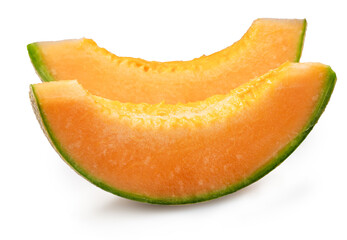 Two cantaloupe melon slices isolated on white background. File contains clipping path.