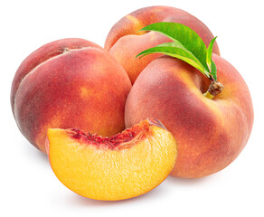 Ripe red peaches with juicy peach slice and green leaf isolated on white background. Clipping path.