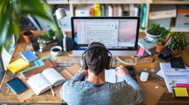 An adult studying online course material on a computer at home, surrounded by study aids