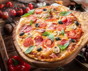 Pizza topped with cherry tomatoes, salami and other ingredients is on wooden table surrounded by ingredients. Top view.
