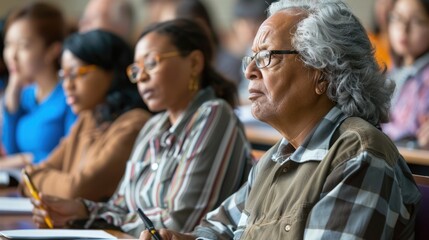 Fototapeta premium Adults listening attentively to a teacher in a traditional classroom setting, taking notes and asking questions