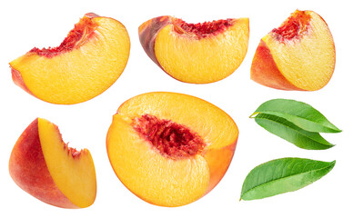 Set of juicy peach slices streaked with red flesh and green peach leaves on white background. File contains clipping paths.