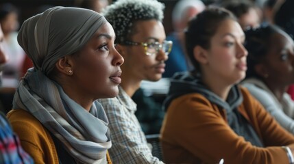 A diverse group of adults in a seminar, participating in discussions and taking notes