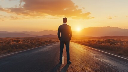 Businessman standing on an empty road as the sun sets, representing resilience and direction in business, journey