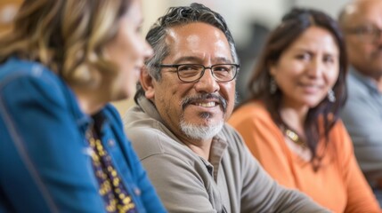 Obraz premium Hispanic adults in a community education workshop, discussing career development and personal growth