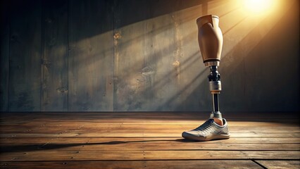 A solitary prosthetic leg stands upright on a wooden floor, illuminated by soft natural light, symbolizing hope and resilience in the face of physical adversity.