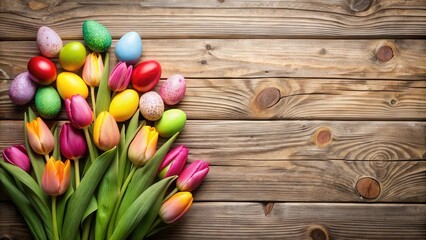 Easter eggs and tulips arranged beautifully on rustic wooden planks