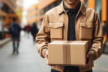 Parcel delivery man with package - concept of online shopping and product delivery