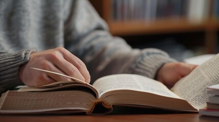 An adult learner flipping through the pages of a book, taking notes in a quiet study environment