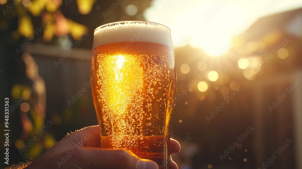 Poster a dynamic image of a frothy beer being enjoyed at a summer barbecue, with the glass held up against 