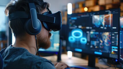 An adult taking part in a virtual seminar, with a headset and educational software open on the computer