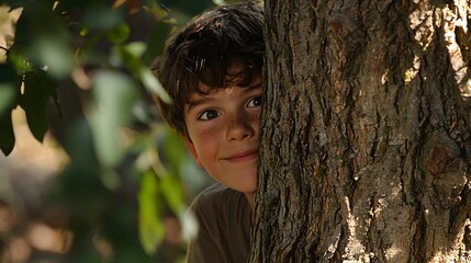 Boy Hiding Behind Tree Trunk.