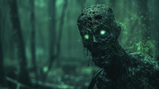 Zombi monster in swamp. Creepy marsh halloween character. Green zombie face. Forest horror man
