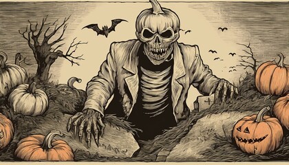 Vintage illustration of pumpkin zombie emerging from grave.