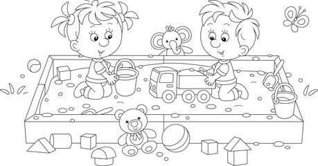 Happy little boy and girl friendly smiling, romping and playing with their colorful toys in a sandbox on a playground in a park, black and white vector cartoon illustration for a coloring book page