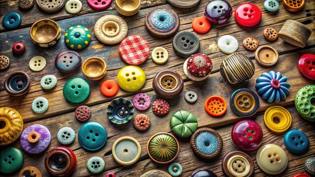 Assorted colorful buttons and knobs with various settings, patterns, and labels are scattered randomly across a distressed wooden table, evoking creativity and unpredictability.