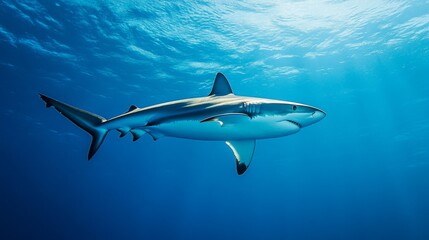 Naklejka premium A dynamic shot of a shark swimming gracefully underwater, showcasing its streamlined body and powerful tail against a clear blue ocean backdrop.