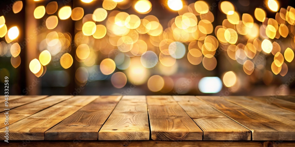 Poster Empty wooden table with blurred background featuring bokeh lights