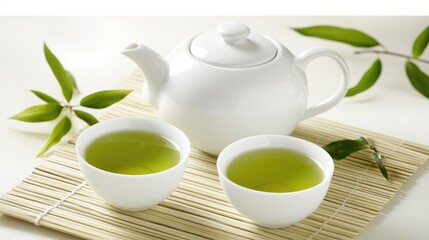 Fototapeta premium A serene setup featuring a white teapot and matching tea cups, filled with green loose-leaf tea, elegantly arranged on a bamboo mat with fresh leaves nearby for a peaceful atmosphere