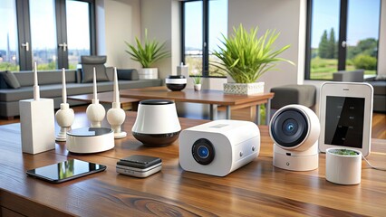 Assortment of modern smart home devices, including routers, hubs, thermostats, security cameras, and voice assistants, interconnected on a sleek wooden table.