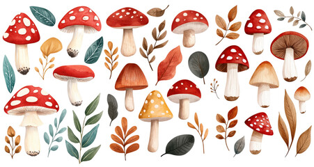 watercolor illustrations featuring various mushrooms with red, orange, and brown caps, complemented by an assortment of leaves and botanical elements, evoking a whimsical forest theme transparent PNG