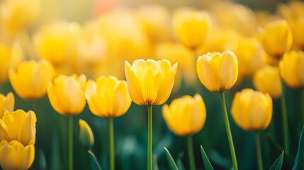 Obraz premium A field of blooming yellow tulips, their bright petals standing out against a soft, blurred green background in springtime.