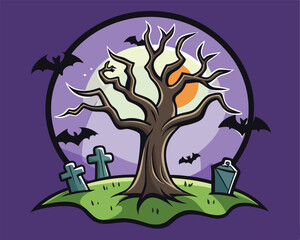 Halloween tree in graveyard t shirt and stocker design vector illustration