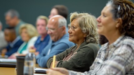 A group of mature learners participating in a continuing education class, discussing career advancement strategies