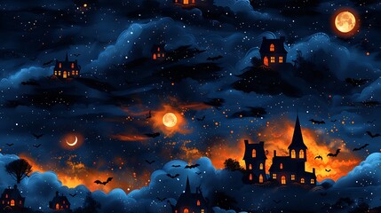 A seamless cartoon pattern featuring spooky haunted house silhouettes with glowing windows, surrounded by flying bats and swirling mist, set against a dark night sky with a full moon. --ar 16:9 --v 6.