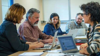 Obraz premium Adults working on a collaborative project in a community education center, using laptops and reference materials