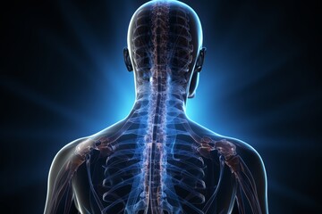 3d x-ray of spinal curvature, pain, protrusion, and herniated discs on blue background