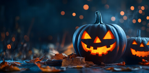 Halloween evening scene with pumpkins Jack O Lantern with evil face on dark background